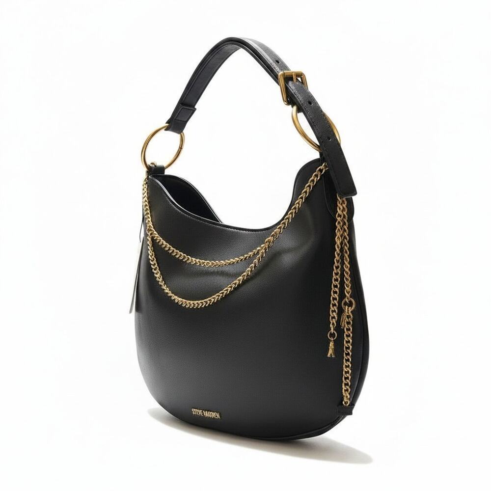 Steve Madden Black Hobo Shoulder Bag Faux Vegan Leather Gold Chain Medium NWT
